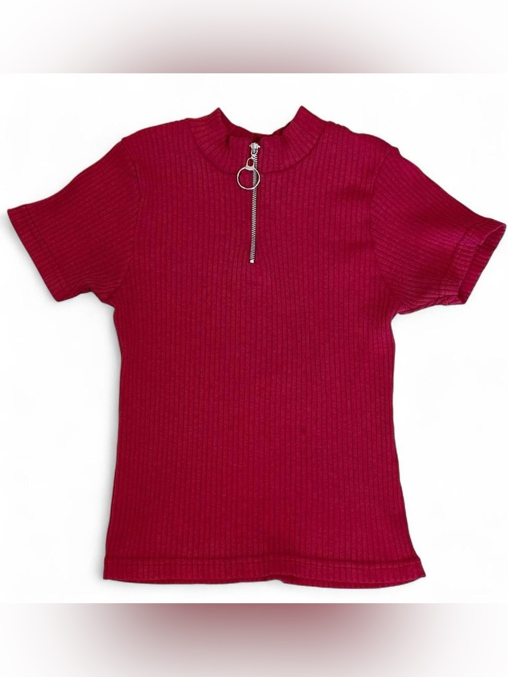 Vintage Y2K Red Ribbed Quarter Zip Mock Neck Short Sleeve Top - Size Large